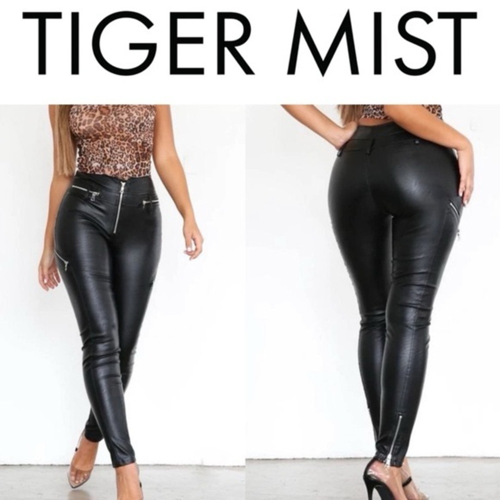 Tiger Mist Black Faux Leather High-Rise Skinny Pants with Zip Details